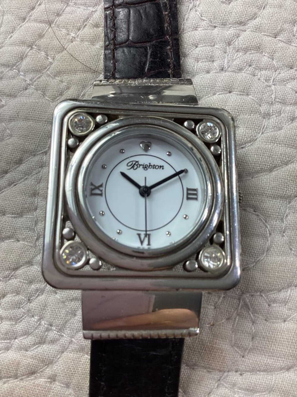Vintage Brighton Womens Square Silver Watch*Black Croc Leather Band*Crystal Acce